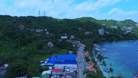 breathtaking aerial of boracay—lush hillside homes, palm-lined coast, and boats on turquoise water. ideal for travel, tropical lifestyle, and tourism content