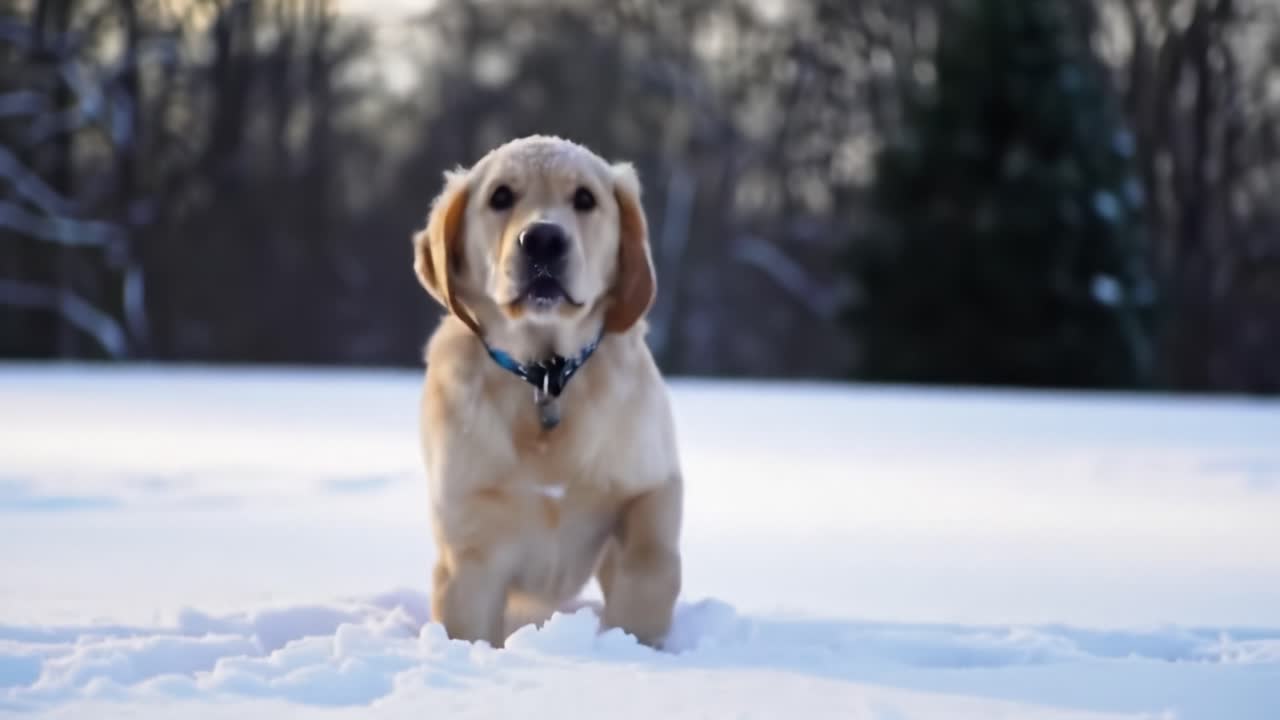 Charming Golden Retriever Joyfully Exploring Snowy Landscape, Enjoying the Winter Wonderland in Two Captivating Frames of Playful Adventure