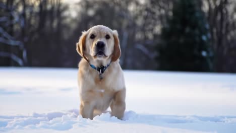charming golden retriever joyfully exploring snowy landscape, enjoying the winter wonderland in two captivating frames of playful adventure