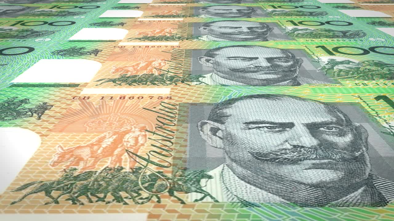 100 오스트레일리아 달러의 지폐가 화면에 굴러, 현금, 루프