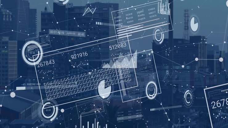 Animation of financial data processing over cityscape