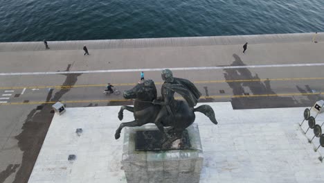 4k drone clip of the statue of alexander the great in northern greece, thessaloniki