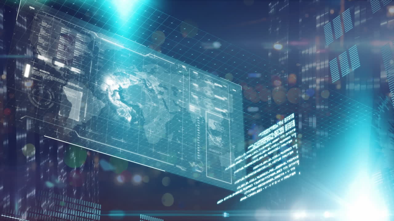 다양한 데이터와 그래프의 애니메이션 처리 디지털 화면에서 흐릿한 밤 도로 교통