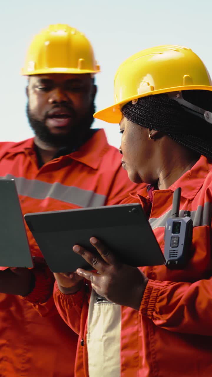 Vertical video Offshore platform colleagues supervising deck operations with devices