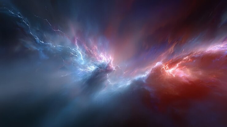Una tempesta cosmica mozzafiato: una scena spaziale dinamica che cattura i colori vivaci e le energie di un fenomeno celeste in movimento.