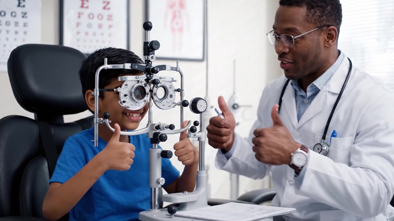 A Pediatric Eye Examination: A Young Boy Engages with an Optometrist While Undergoing a Comprehensive Vision Test Using Specialized Equipment