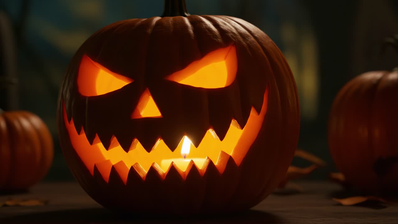 Una Zucca di Halloween Spettrale Illuminata dalla Luce di una Candela, con un Ghigno Malvagio e Denti Frastagliati, Perfetta per Creare un'Atmosfera Agghiacciante in una Notte da Brivido