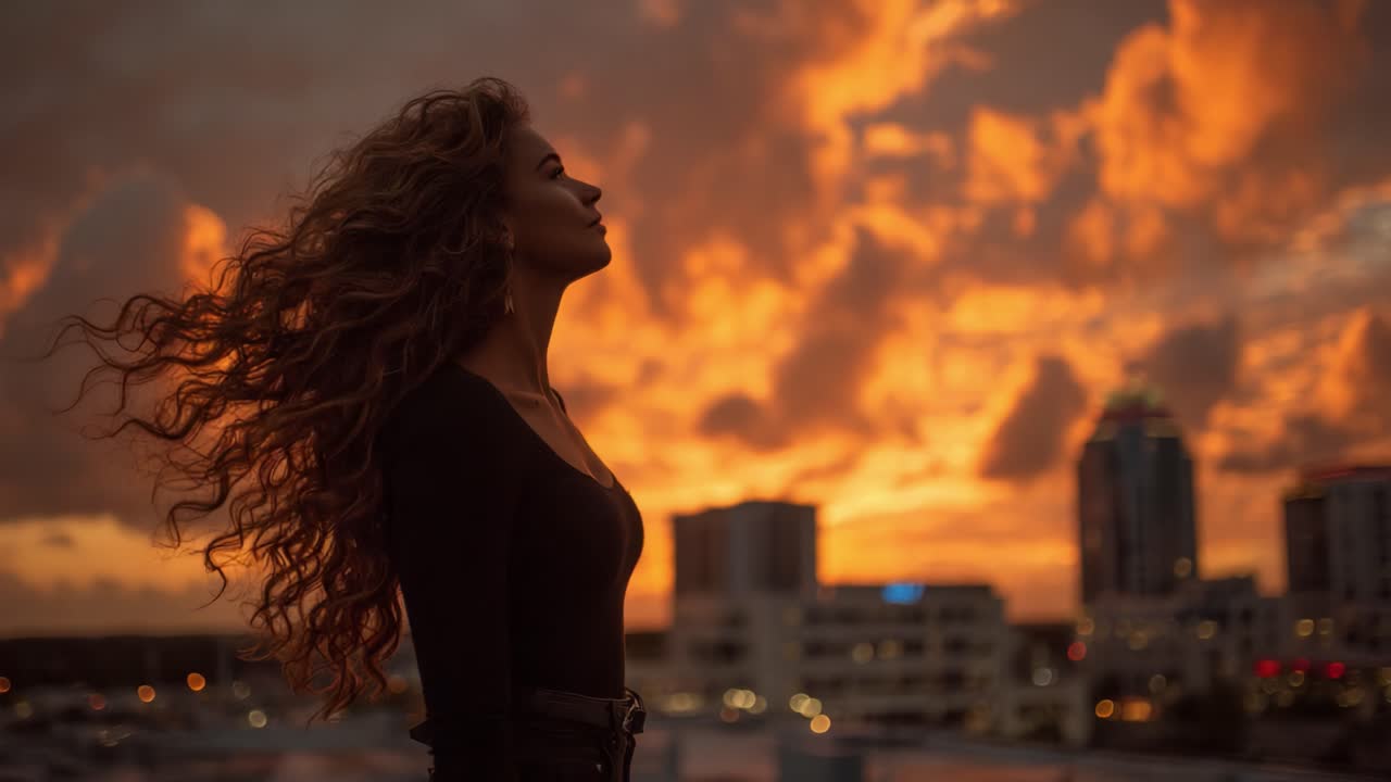 Silhouetted Figure Against a Vivid Sunset: Capturing the Beauty of Nature and Reflection in Urban Landscape