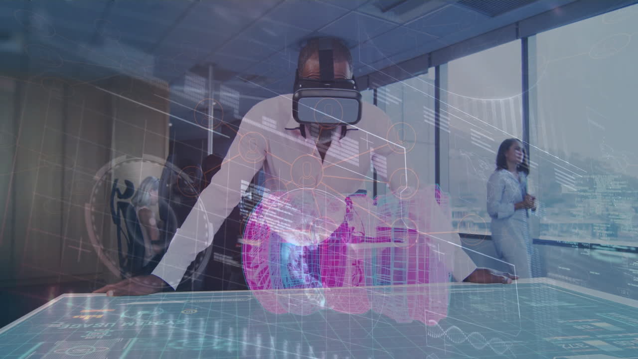 Using virtual reality headset, man interacting with animation data in modern office