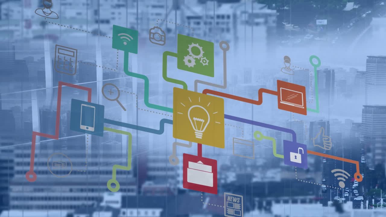 Animation of media icons over cityscape
