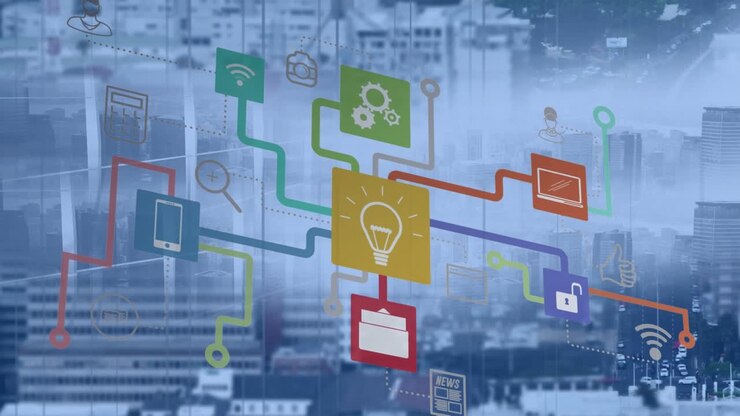 Animation of media icons over cityscape