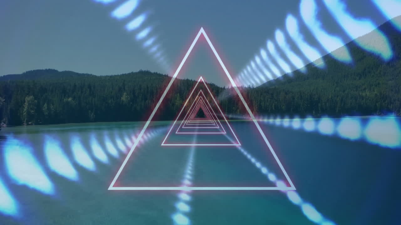 Geometric triangle animation reflecting over serene lake with forest backdrop