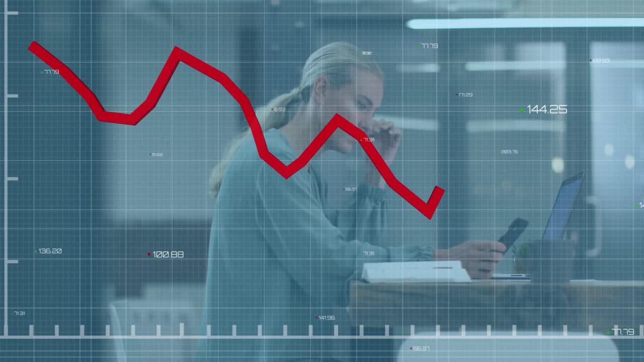 Animation of statistical data processing against caucasian man using smartphone and laptop at office