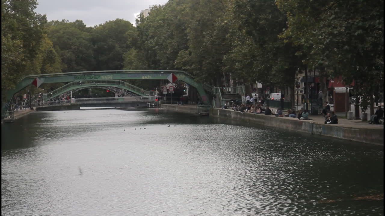 Canal scene with bridge and people