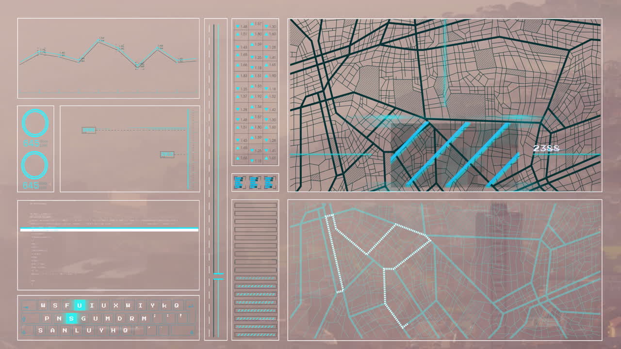 Animation of graph, loading circles, bars, navigation pattern and computer language over modern city