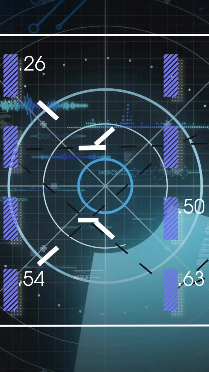 Animazione di un'interfaccia digitale che mostra input e output di dati con una griglia circolare