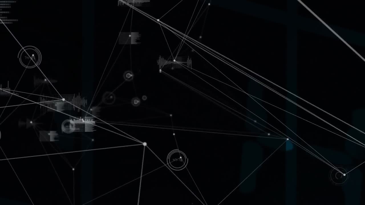 Animation of data processing over networks of connections on dark background clouds