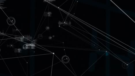 animación del procesamiento de datos a través de redes de conexiones en nubes de fondo oscuras