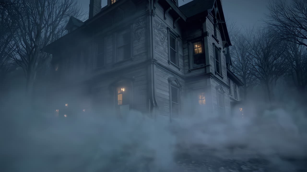 Casa encantada en un bosque con niebla