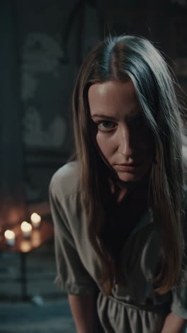 woman in a dimly lit room