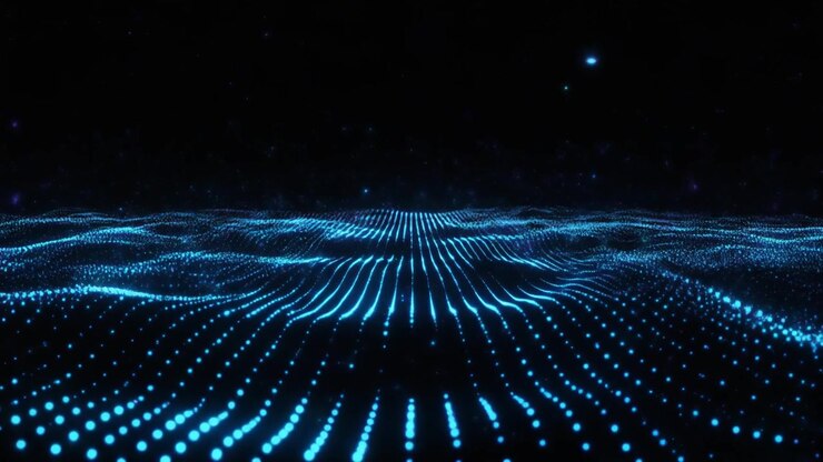 Particelle digitali astratte a onda blu che si muovono nello spazio scuro