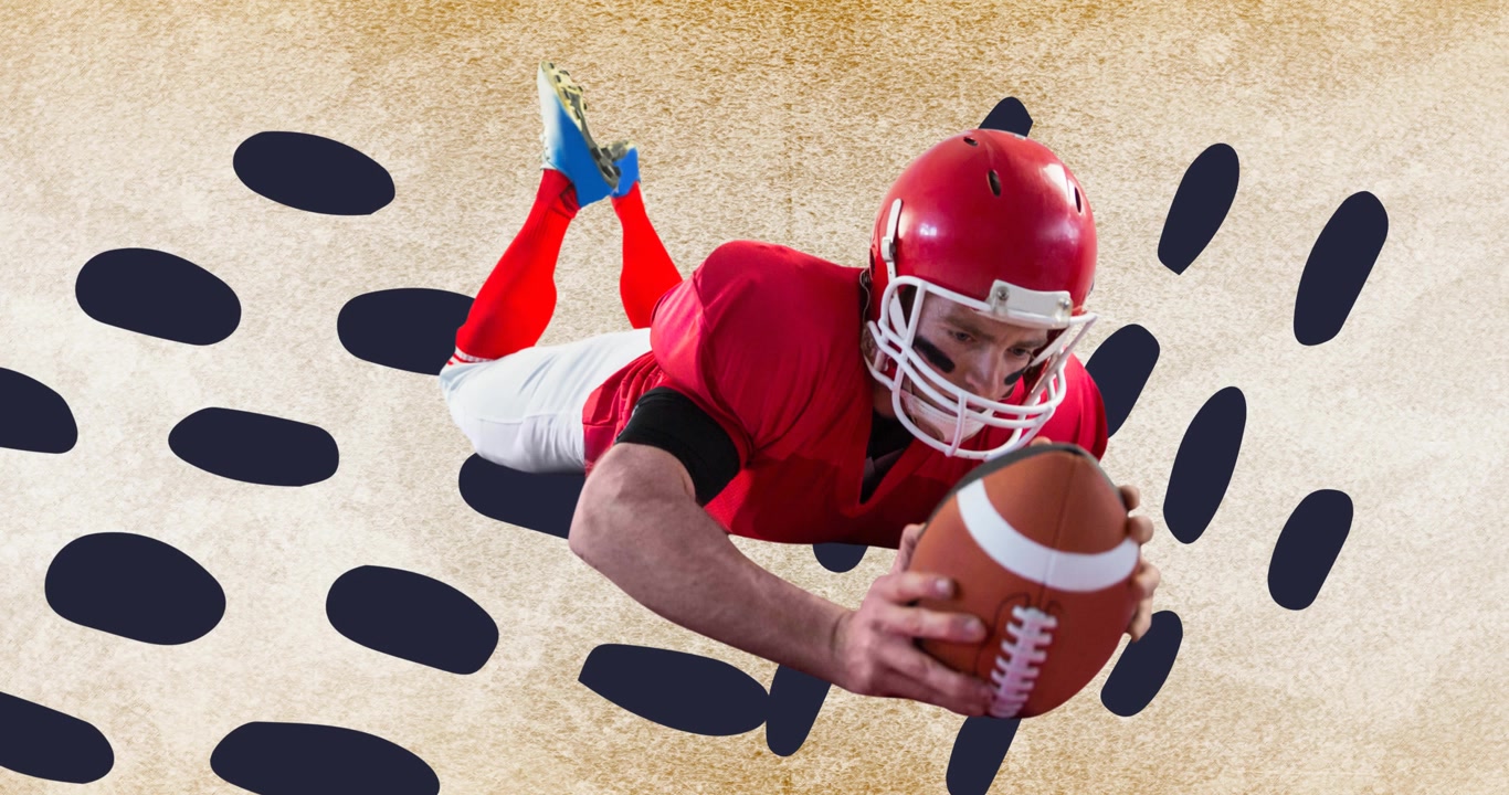 Animazione di un giocatore di football americano con pallone su macchie nere su sfondo beige