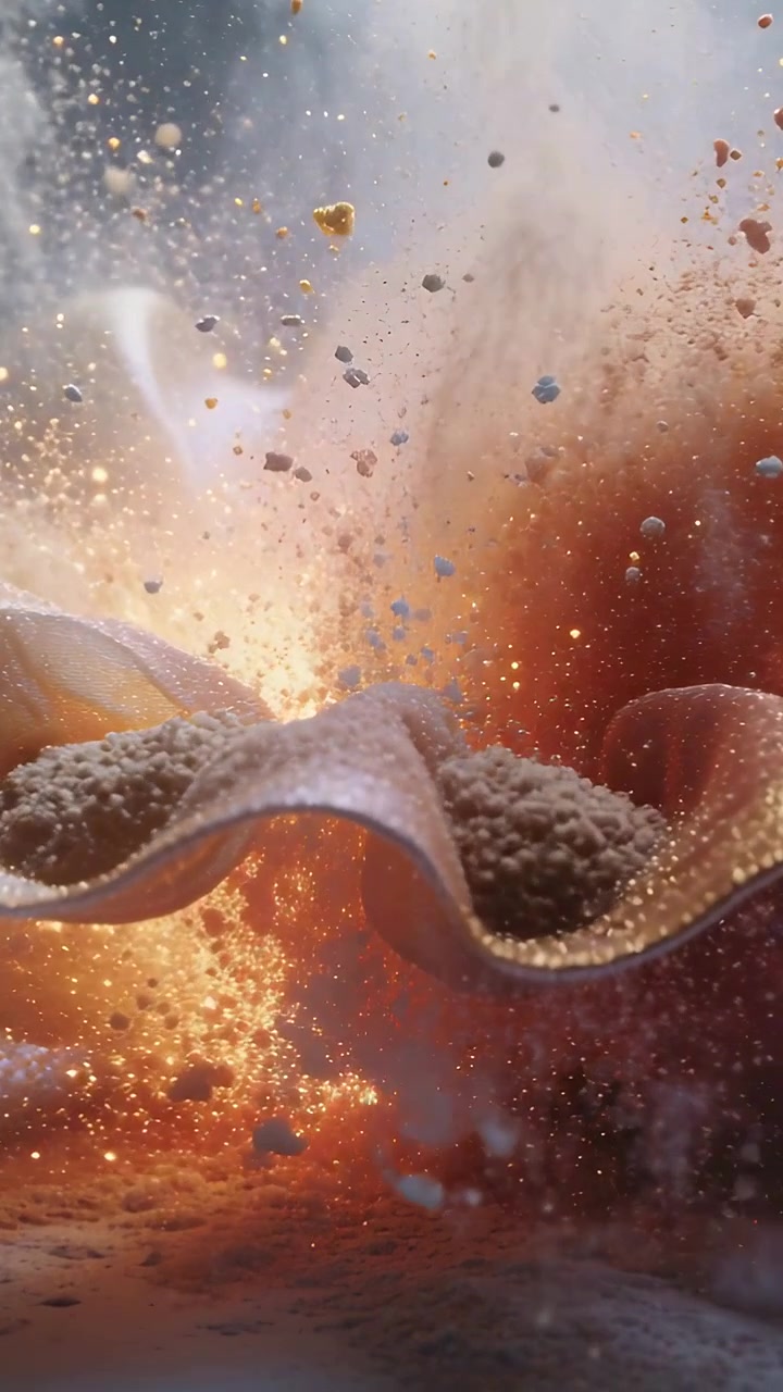 Video verticale: Una forma a conchiglia ondulata che esplode espellendo polvere, braci e foschia in laboratorio dopo un'esplosione sottostante