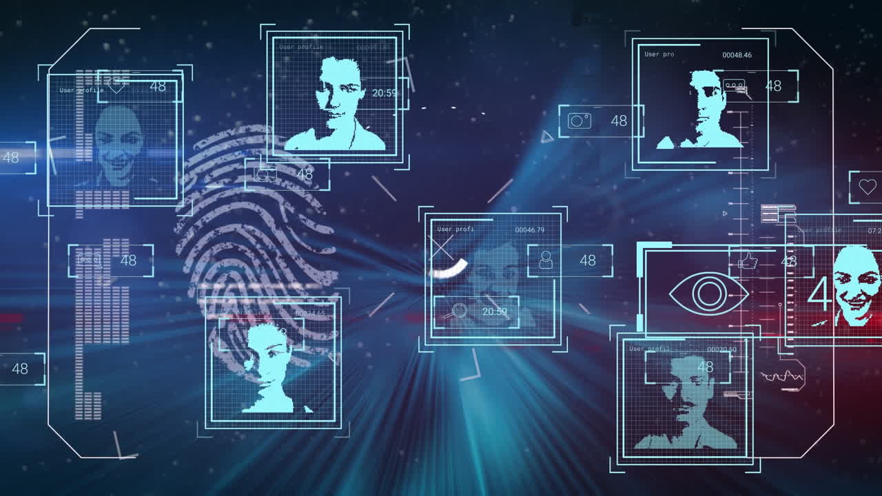 animación del procesamiento de datos y fotos biométricas y huellas dactilares sobre fondo azul