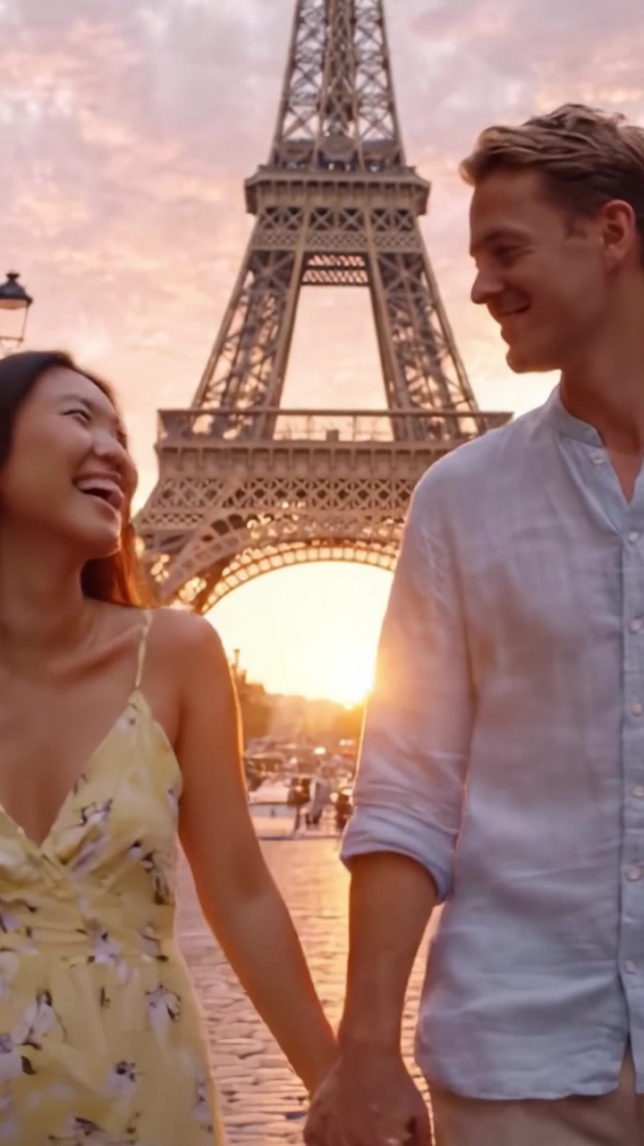 A Romantic Stroll Beneath the Eiffel Tower at Sunset: Capturing Moments of Joy and Connection Amidst a Beautiful Parisian Backdrop