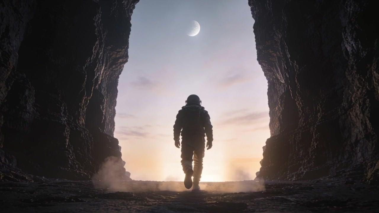 Walking helmeted explorer moving toward cave mouth, horizon light drawing toward crescent moon