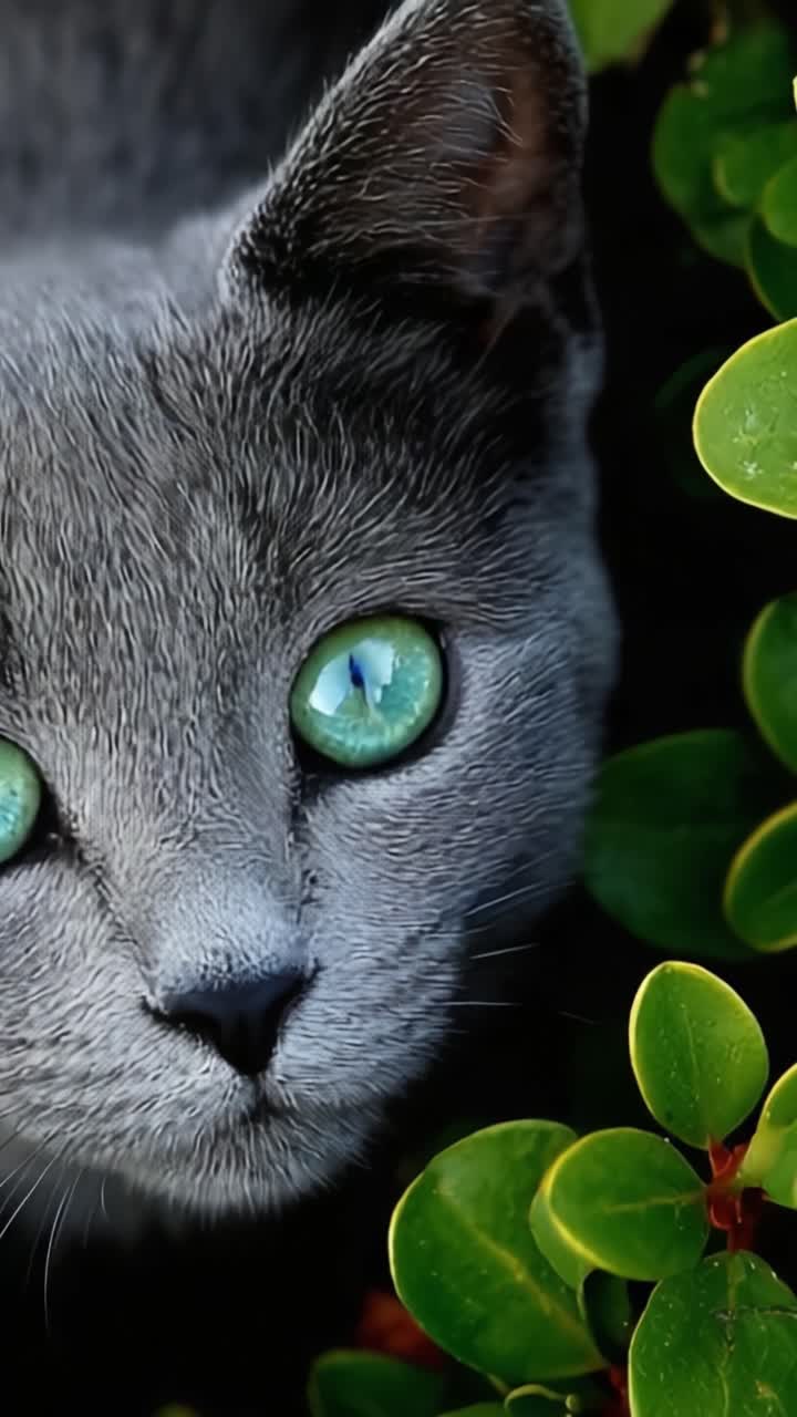 Un incontro ravvicinato con un gatto grigio mistico dagli occhi verdi incredibilmente luminosi, circondato da una vegetazione lussureggiante, che evidenzia la bellezza della natura e il fascino felino