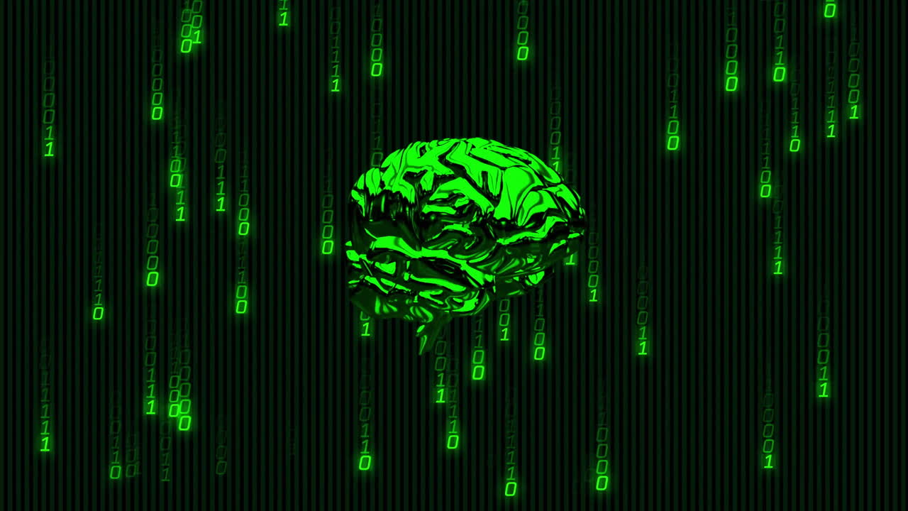 Animation of binary coding over spinning brain