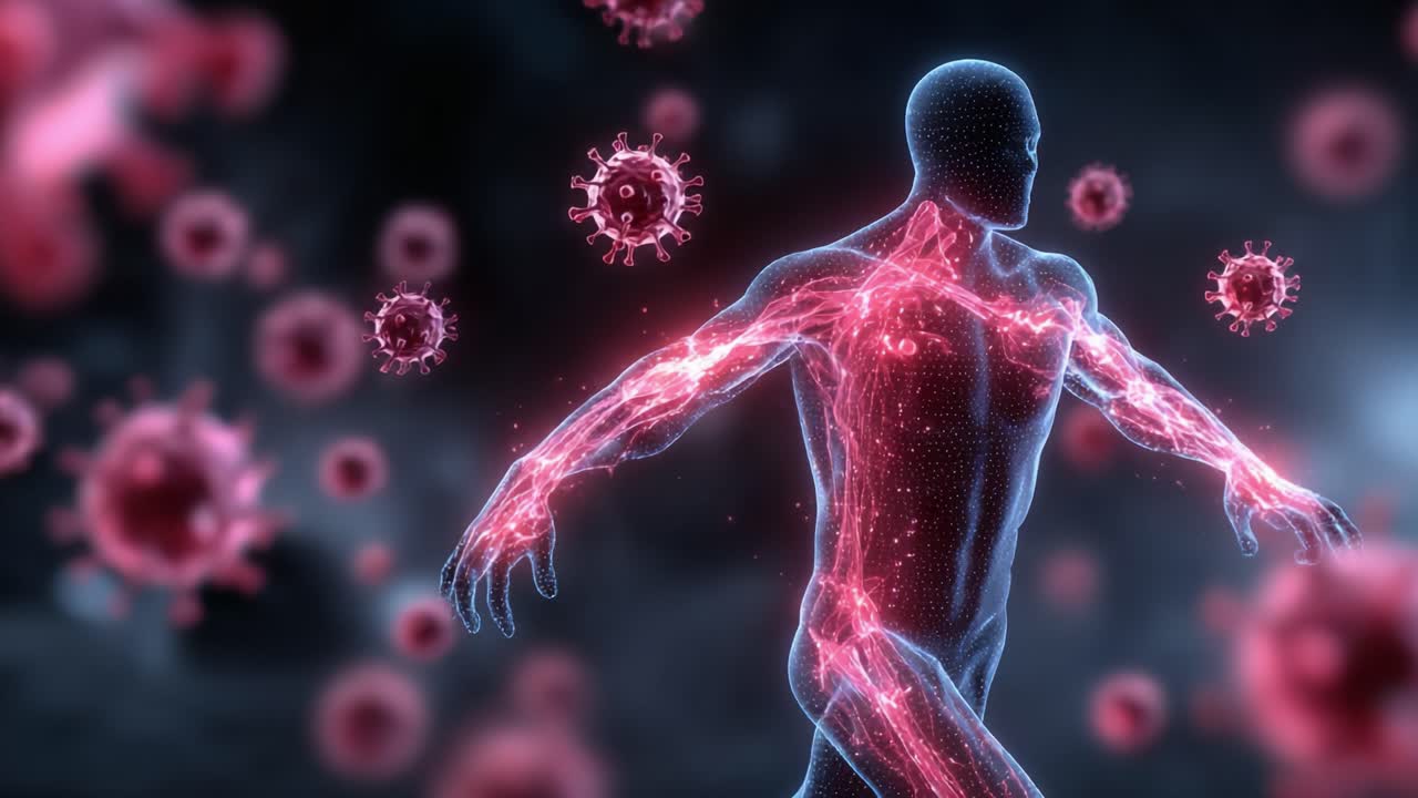 Una rappresentazione luminosa del corpo umano circondato da particelle virali, che simboleggia la battaglia in corso tra l'immunità umana e le minacce alla salute globale
