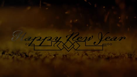 animation of happy new year greetings over decoration and spots falling in background