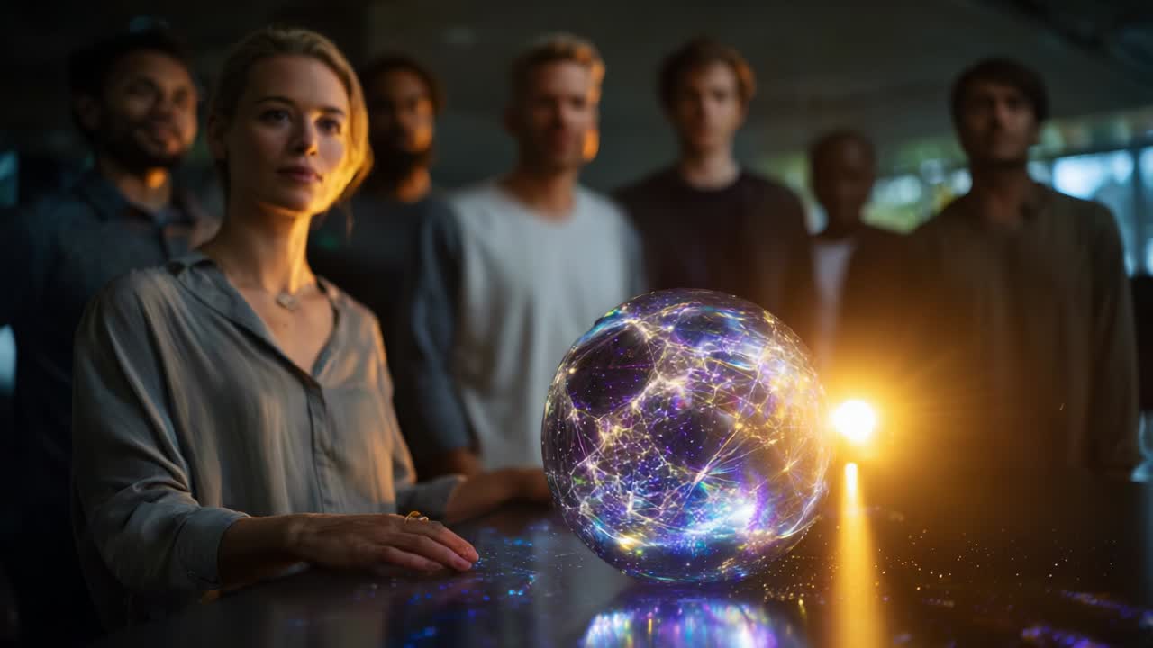 A woman observes a mesmerizing glowing orb that radiates intricate patterns, while a group of onlookers stands in the background, captivated by the stunning visual display and cosmic allure of the scene