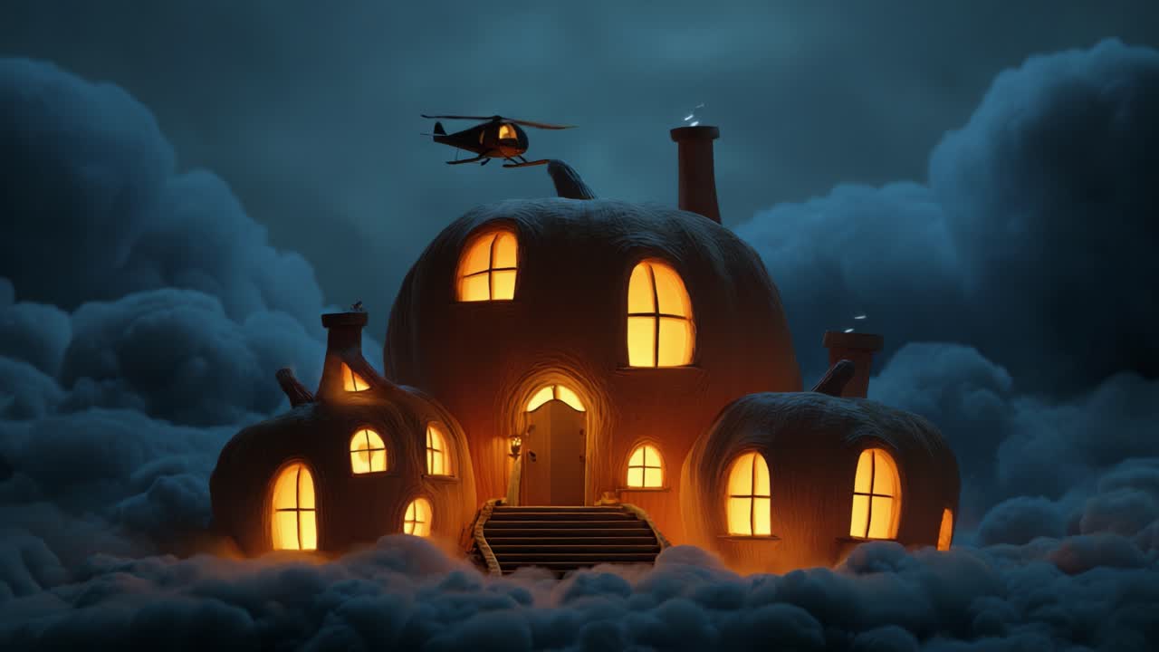 A Mysterious Helicopter Hovers Over a Whimsical Pumpkin-Shaped House, Illuminated by Warm Light, Set Against a Dreamy Cloudy Night Sky