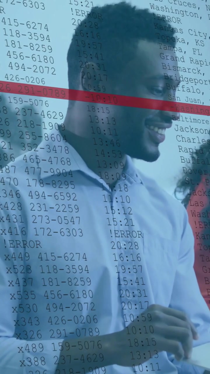 Man responding to off-screen prompt, number overlay and red scan revealing face for business demo