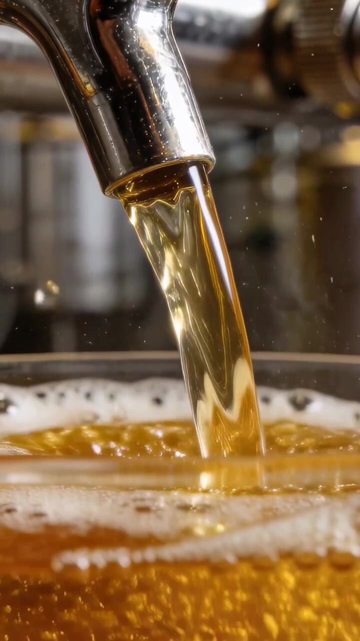 Vertical video: Pouring chrome tap opening, sending amber beer into glass at bar, forming foam head