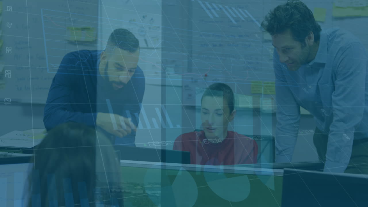 animación de múltiples gráficos con números cambiantes sobre diversos compañeros de trabajo discutiendo informes