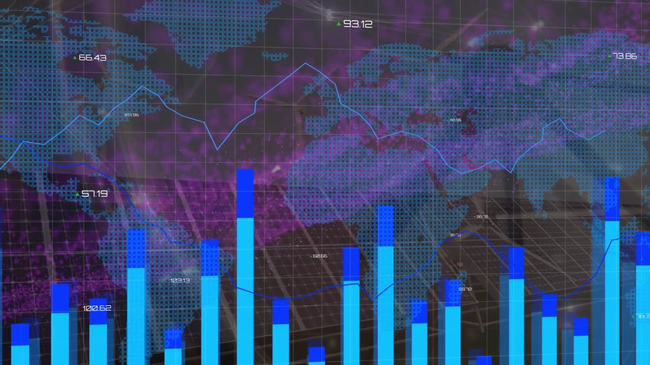 Animazione di un grafico su elaborazione dati e figure digitali di persone su griglia