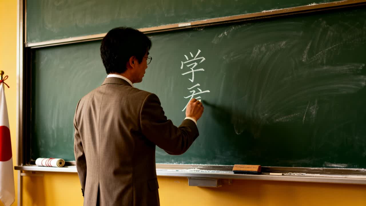 Giáo viên dạy viết mặc bộ đồ màu nâu cầm phấn từ chữ kanji phía trên trên bảng, hoàn thiện một cặp, khoảng trống để sao chép