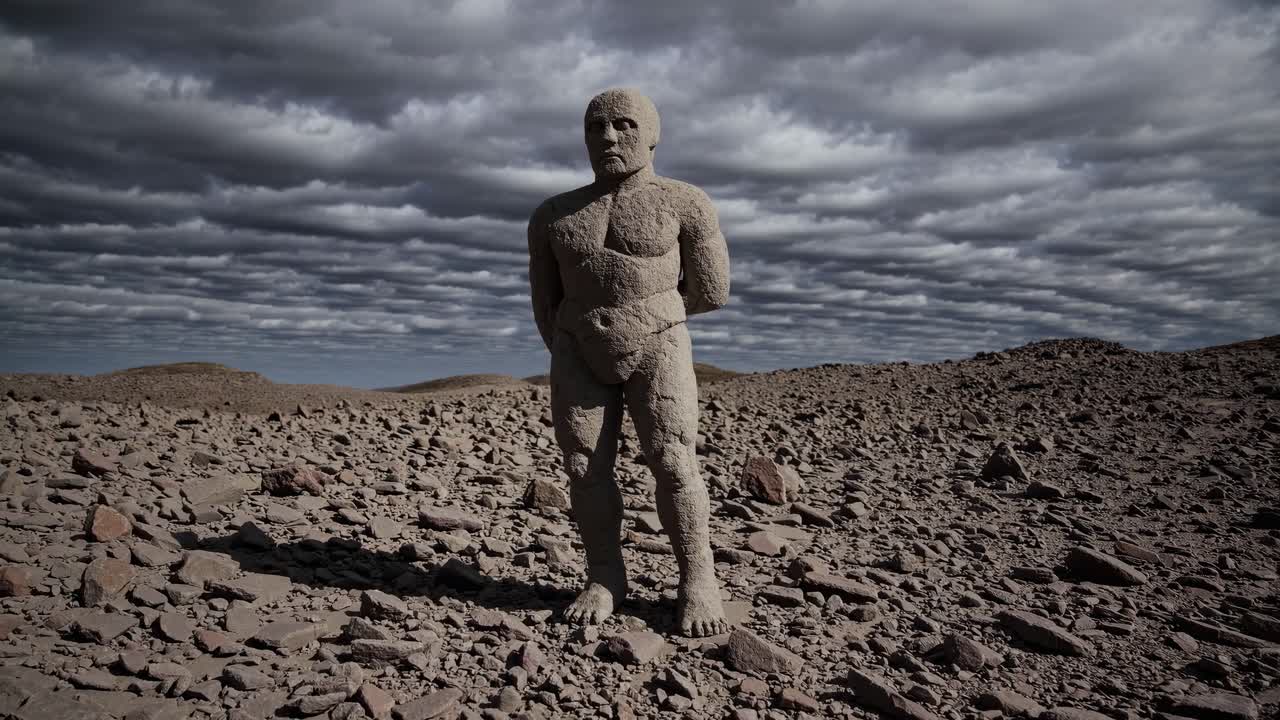 Impressive stone guardian statue standing in a desolate rocky landscape under a dramatic cloudy sky, evoking a sense of mystery and ancient history