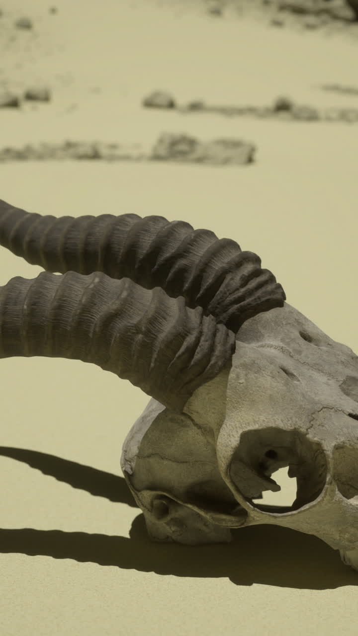 Desert skull with prominent horns rests on sunlit sand near rocky terrain