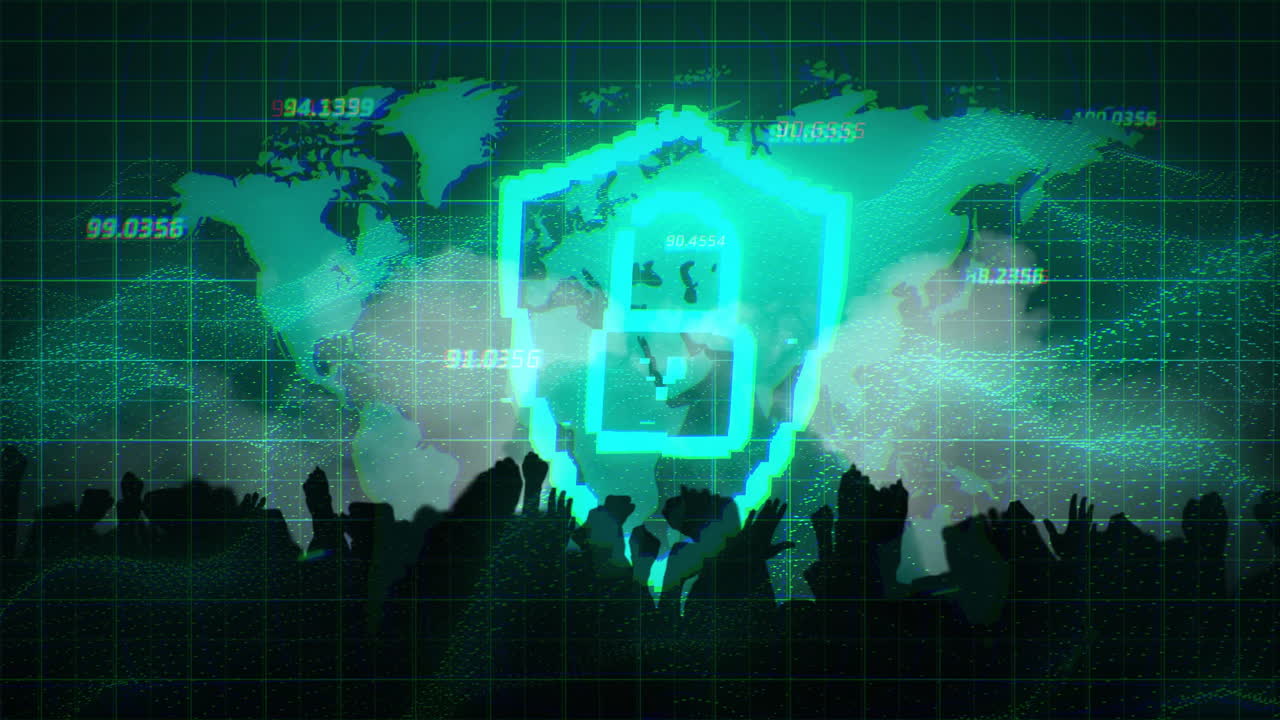 Cybersecurity shield animation over world map and crowd of people