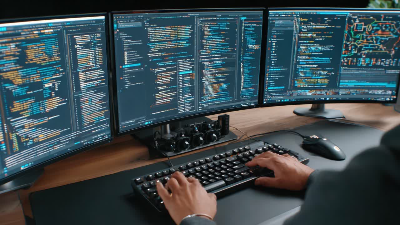 A programmer's workspace featuring multiple monitors displaying intricate code and data, highlighting the complexity of modern software development in a tech-savvy environment