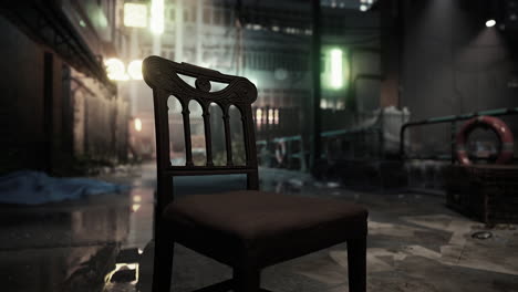 a lone chair in a dark city alley