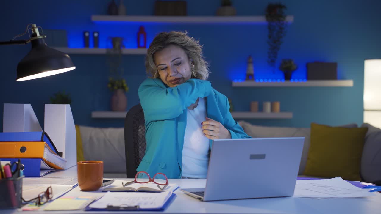Home office worker woman itching with allergies.