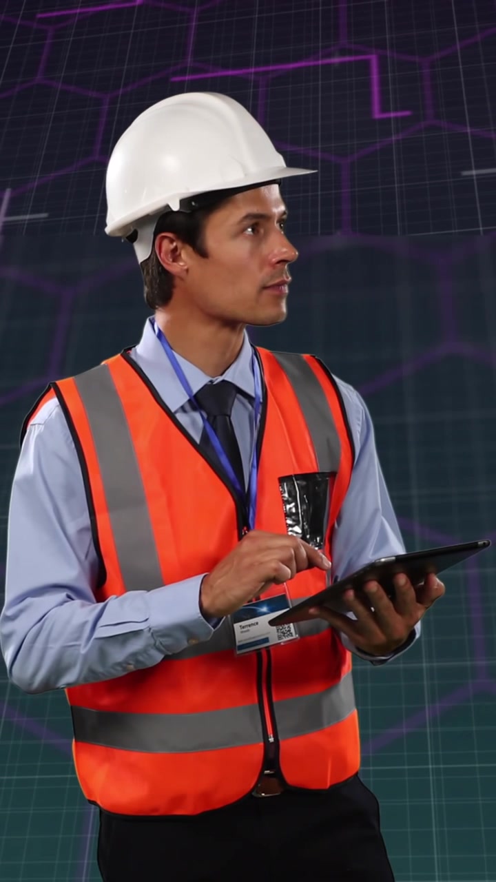 Animación de diversos datos financieros y gráficos sobre un ingeniero caucásico