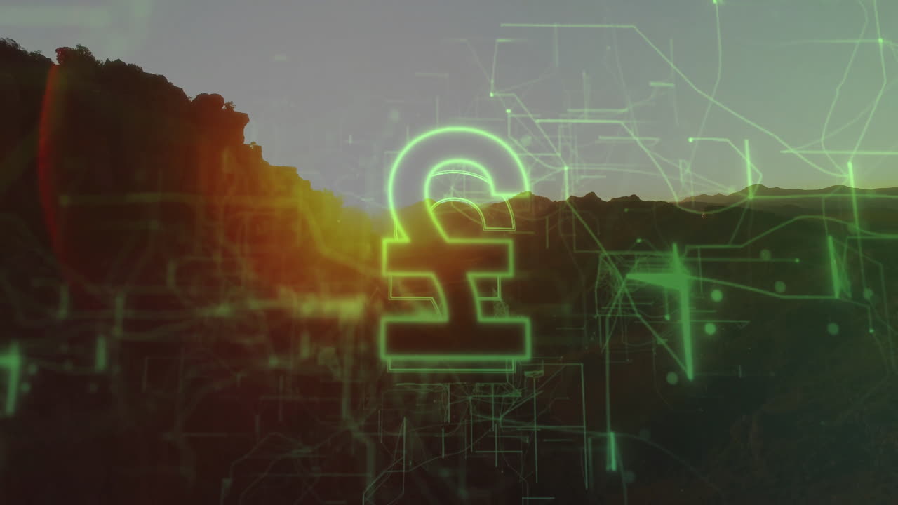 Animation of glowing pound symbol with digital network over mountain at sunset