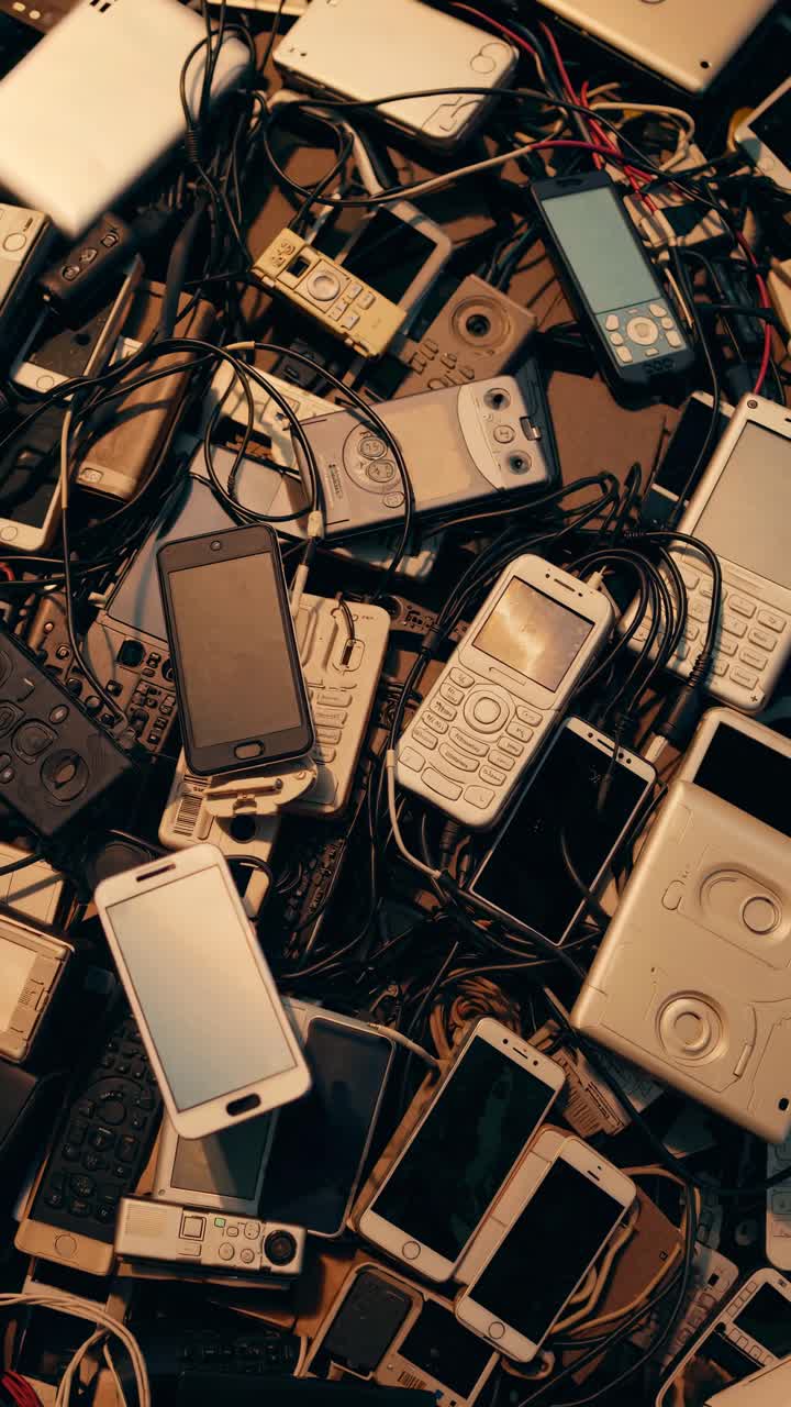 Vista de cima de uma pilha caótica de telefones e dispositivos de vídeo antigos, exibindo tecnologia retrô.